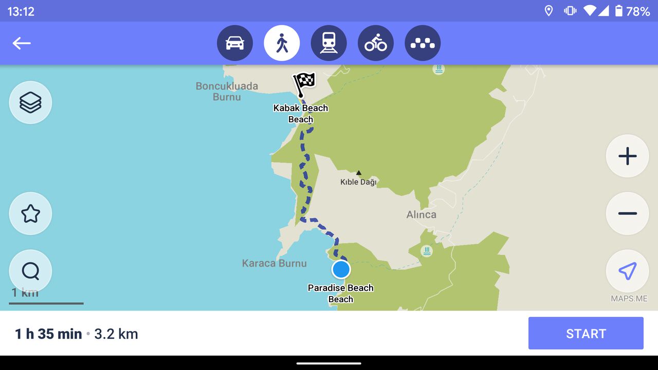 Bản đồ đường mòn đi bộ đường dài từ Bãi biển Kabak đến Bãi biển Paradise ở Thổ Nhĩ Kỳ