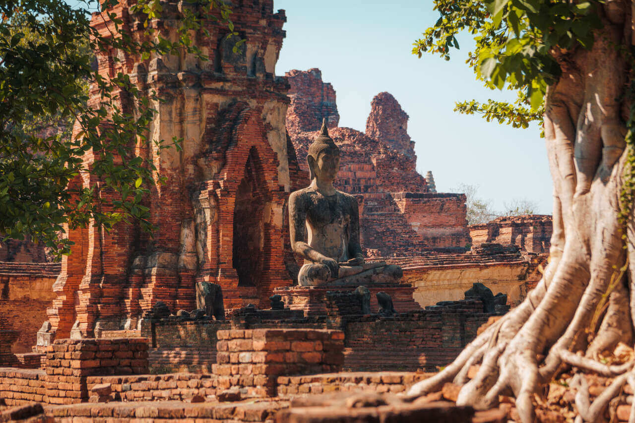 Một bức tượng Phật giữa khu phế tích Wat Maha That ở Ayutthaya, Thái Lan.