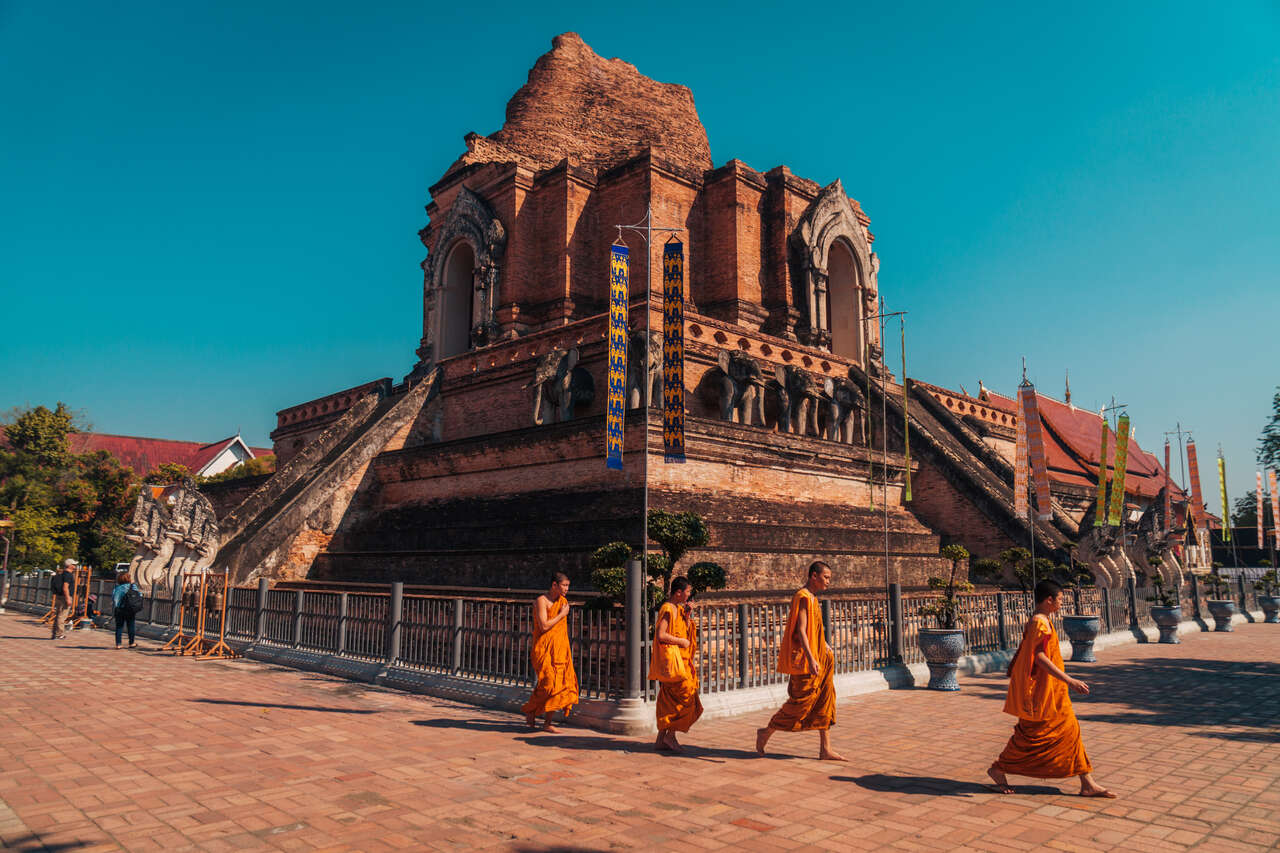Một nhóm các nhà sư đi bộ từ Wat Chedu Luang ở Chiang Mai, Thái Lan.